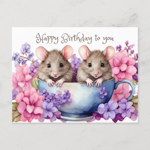 Cartão Postal Feliz Aniversário Camundongos de Aquarela em uma X