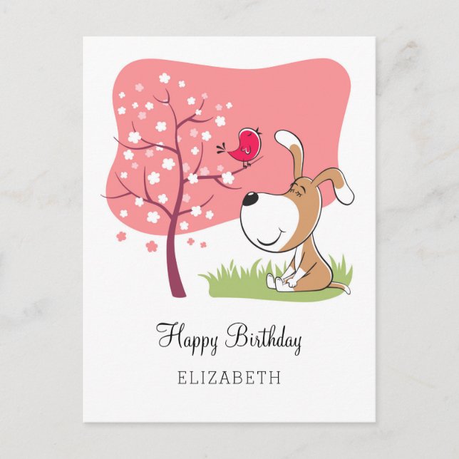 Cartão Postal Feliz Aniversário Cão Cachorro Cachorro Pássaro Fl (Frente)