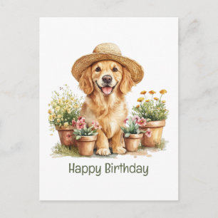 Cartão Postal Feliz Aniversário Cão Retriever Dourado Jardineiro