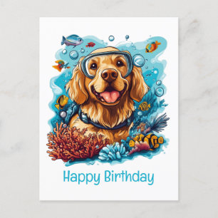 Cartão Postal Feliz Aniversário Cão Retriever Dourado Snorkeling