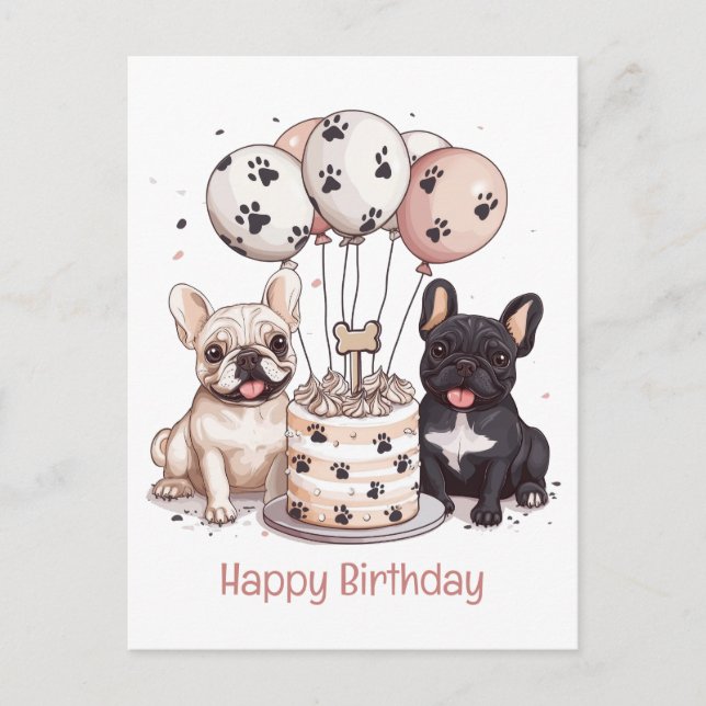 Cartão Postal Feliz Aniversário Chapéus de Festa Bulldog Francês (Frente)