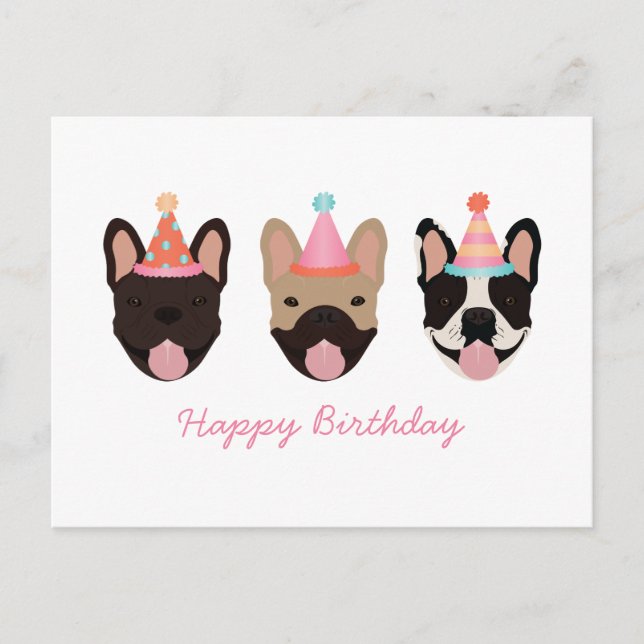 Cartão Postal Feliz Aniversário Chapéus de Festa de Bulldog Fran (Frente)