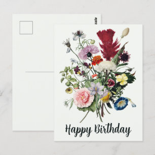 Cartão Postal Feliz Aniversário Colorido Flores Silvestres Vinta