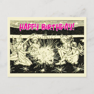 Cartão Postal Feliz Aniversário Com Grupo de Fadas Antigas