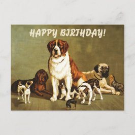 Cartão Postal Feliz Aniversário com Ilustração de Cães Vintage