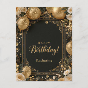 Cartão Postal Feliz Aniversário com Nome Preto e Dourado Elegant