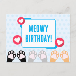 Cartão Postal Feliz Aniversário com Patas de Gato Pontilhadas Az