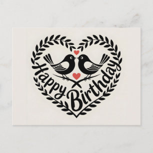 Cartão Postal Feliz Aniversário Coração com Gráfico de Pássaros 
