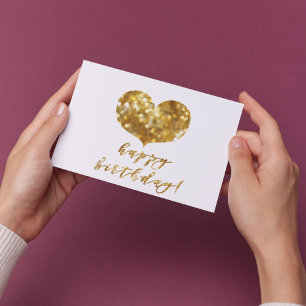 Cartão Postal Feliz Aniversário! Coração de Brilho Dourado Glamo