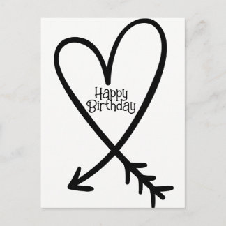 Cartão Postal Feliz Aniversário Coração Simples Seta Texto Preto