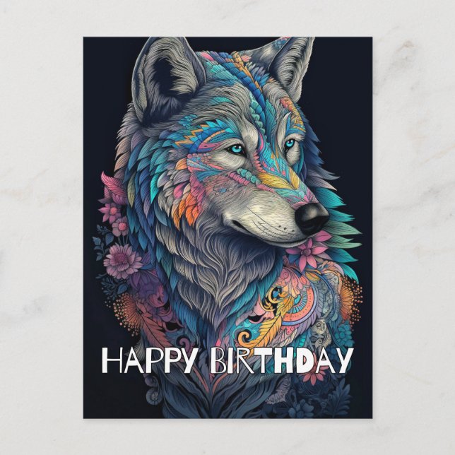 Cartão Postal Feliz Aniversário da Ilustração do Lobo Caçador (Frente)