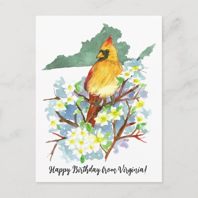 Cartão Postal Feliz Aniversário da Virginia Cardinal Dogwood  (Frente)