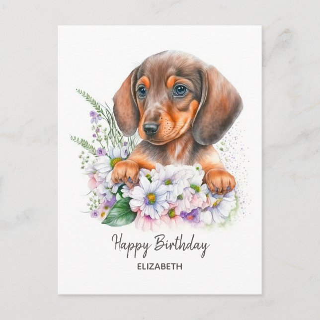 Cartão Postal Feliz Aniversário | Dachshund e Flores em Aquarela (Frente)