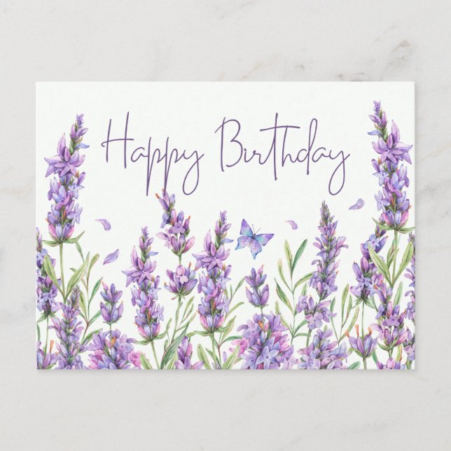 Cartão Postal Feliz Aniversário das Flores de Lavanda de Aquarel (Frente)