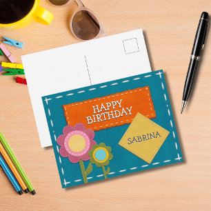 Cartão Postal Feliz Aniversário das Flores de Tecido de Teal Bon