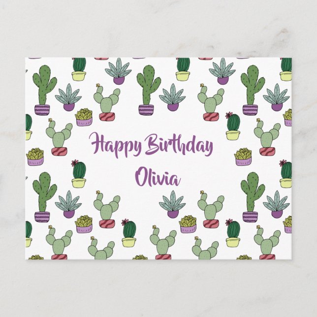 Cartão Postal Feliz Aniversário das Plantas Suculentas de Cactus (Frente)