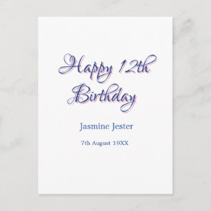 Cartão Postal feliz aniversário de 12 anos azul rosa nome data s