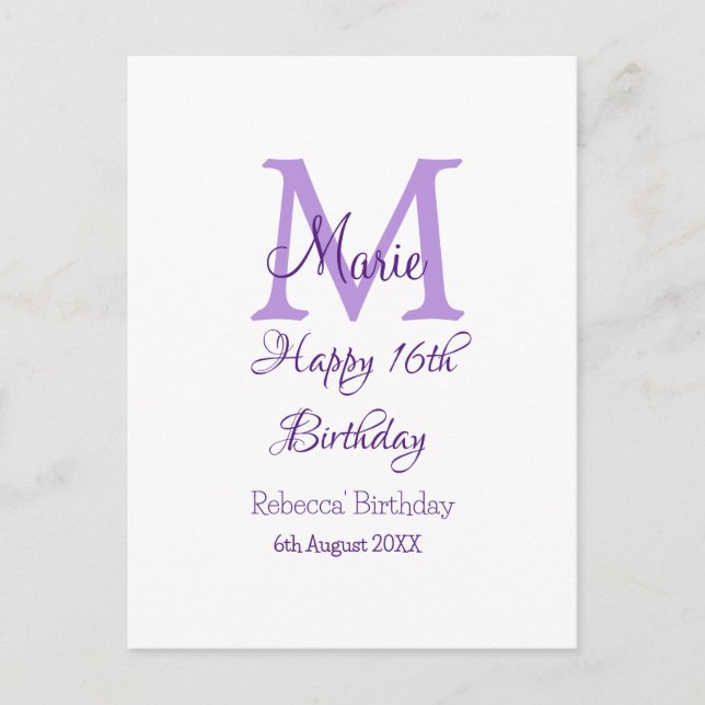 Cartão Postal Feliz aniversário de 16 anos roxo adicionar nome m (Frente)