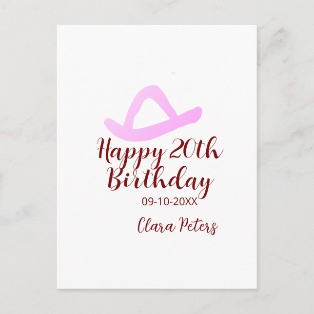 Cartão Postal Feliz aniversário de 20 anos menina cowboy rosa no (Frente)