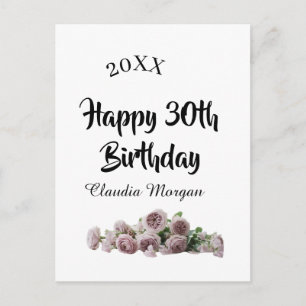 Cartão Postal Feliz aniversário de 30 anos nome floral rosa bran