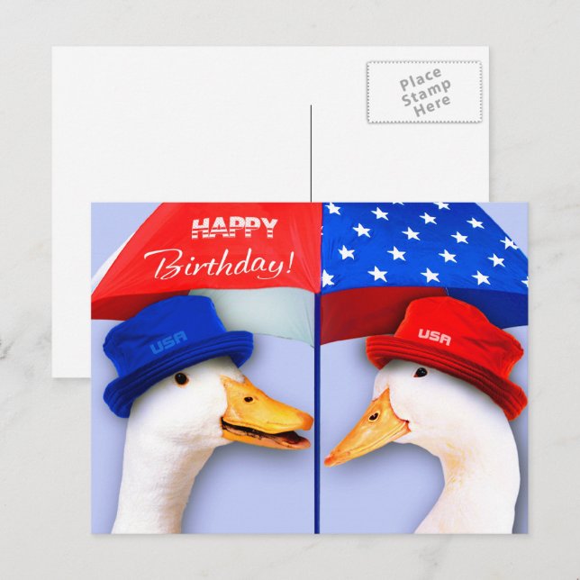 Cartão Postal Feliz aniversário de 4 de julho. Patos patrióticos (Frente/Verso)