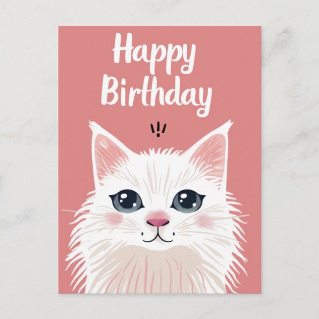 Cartão Postal Feliz aniversário de Gato Branco (Frente)