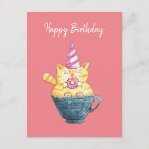 Cartão Postal Feliz Aniversário!/Desenho de Gato Engraçado