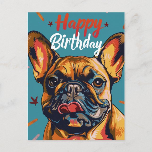 Cartão Postal Feliz aniversário do Bulldog Francês (Frente)
