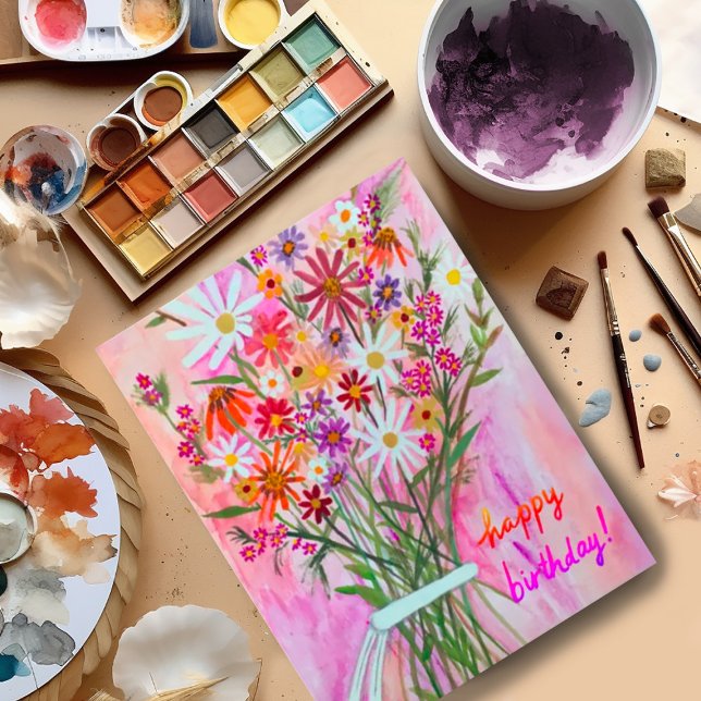 Cartão Postal Feliz Aniversário do Buquê Daisy (Beautiful watercolor bouquet birthday card postcard. Customize with your own text)