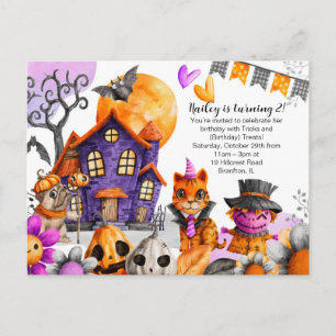 Cartão Postal Feliz Aniversário do Halloween - Cat, Pug, Sassust