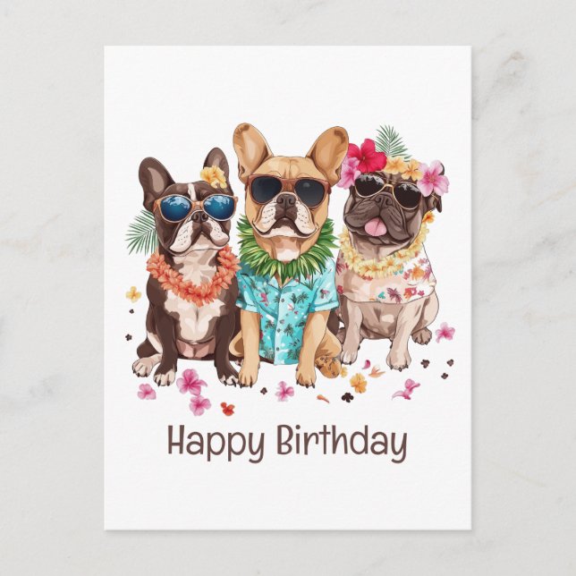 Cartão Postal Feliz Aniversário do Havaí - Bulldog Francês Flor  (Frente)
