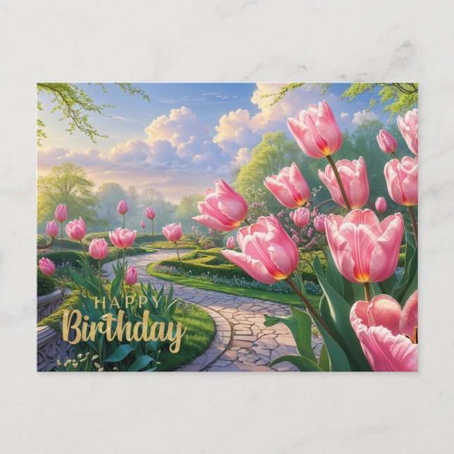 Cartão Postal Feliz Aniversário do Jardim de Tulipas Rosa-Rosa e (Frente)
