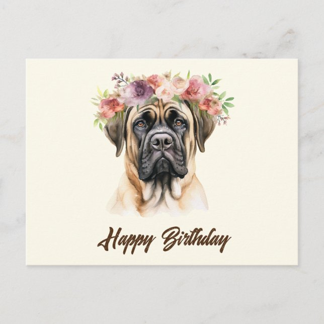 Cartão Postal Feliz Aniversário do Mastiff Dog com Flores (Frente)