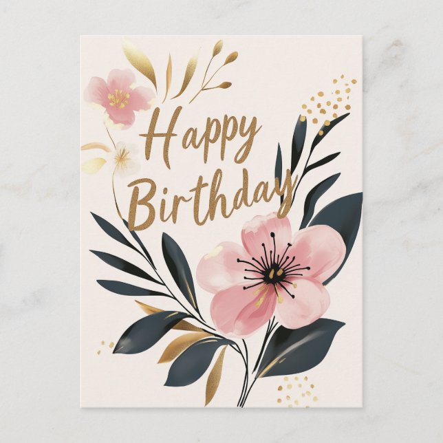 Cartão Postal Feliz Aniversário Dourado Rosa Floral (Frente)