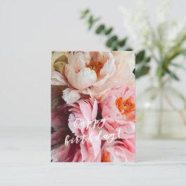 Cartão Postal Feliz Aniversário! Elegantes Peônias Rosa e Bege