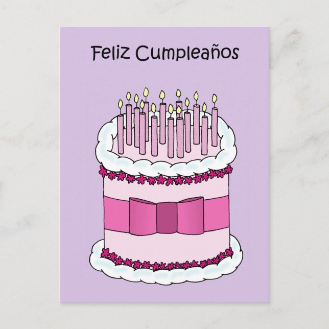 Cartão Postal Feliz Aniversário em Bolo e Velas Espanhóis (Frente)