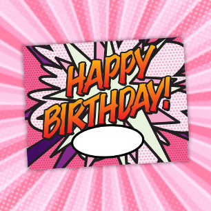 Cartão Postal Feliz Aniversário em Quadrinhos Rosa Divertido