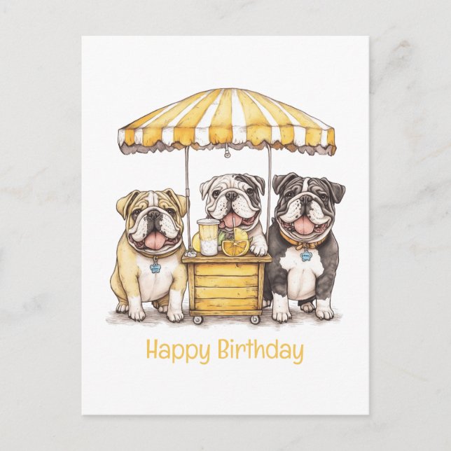 Cartão Postal Feliz Aniversário English Bulldogs Stand de Limona (Frente)