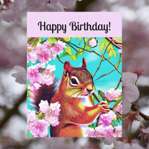 Cartão Postal Feliz Aniversário Esquilo Sakura em Flores de Cere