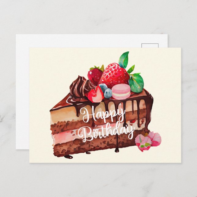 Cartão Postal Feliz Aniversário Fatia de Bolo de Chocolate com M (Frente/Verso)