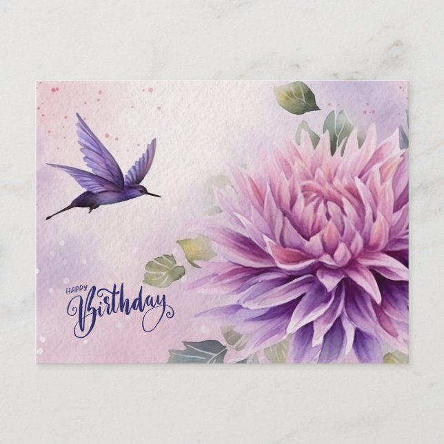 Cartão Postal Feliz Aniversário Flor de Dahlia Aquarela (Frente)