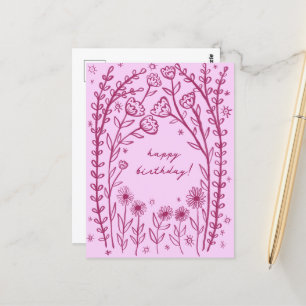 Cartão Postal Feliz Aniversário Floral Caprichoso Esboço Doodle