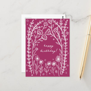 Cartão Postal Feliz Aniversário Floral Caprichoso Esboço Rabisco