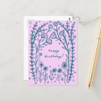 Feliz Aniversário Floral Caprichoso Esboço Rabisco