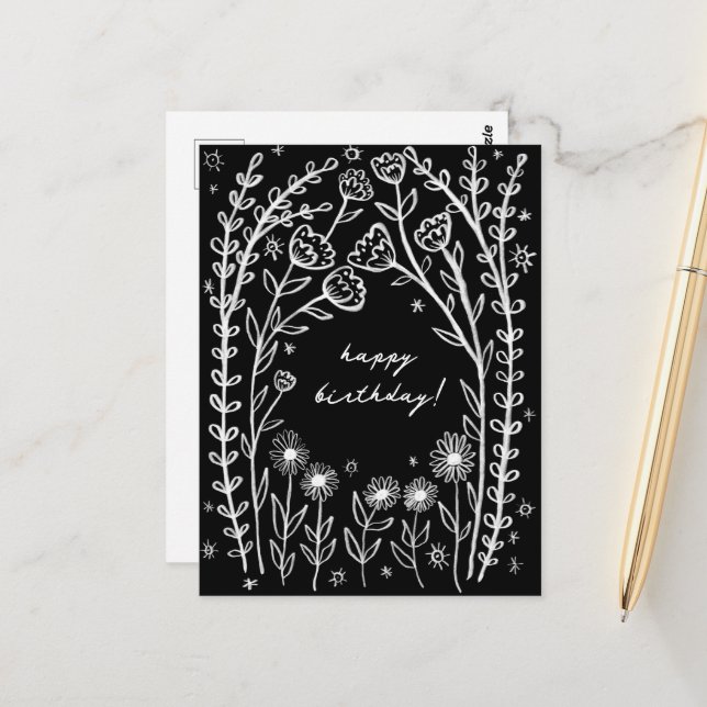 Cartão Postal Feliz Aniversário Floral Caprichoso Esboço Rabisco (Frente/Verso In Situ)