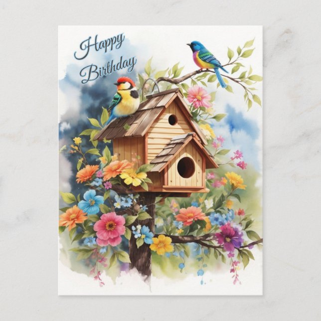 Cartão Postal Feliz Aniversário Floral Casa de Pássaros e Pássar (Frente)