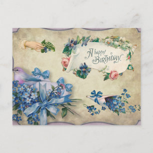 Cartão Postal Feliz Aniversário Flores Azuis Vintage Não-Me-Toqu