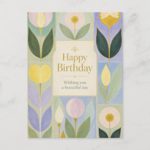 Cartão Postal Feliz Aniversário Flores Botânicas Modernas em Pas