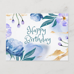 Cartão Postal Feliz Aniversário Flores de Aquarela Azuis e Roxas