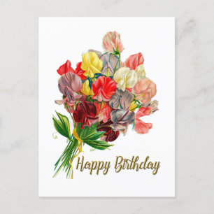 Cartão Postal Feliz Aniversário Flores de Ervilha Doce Vintage